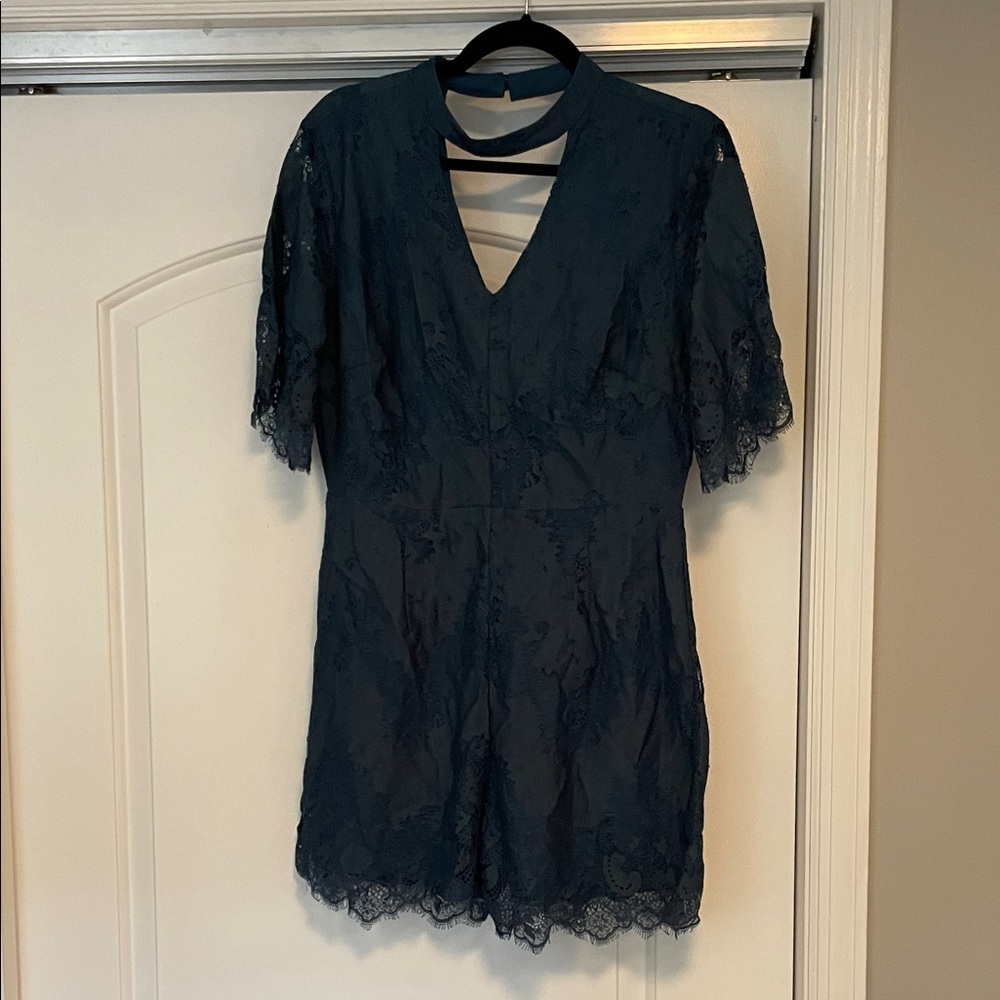 NWT! Francesca’s Miami Dark Blue Lace romper